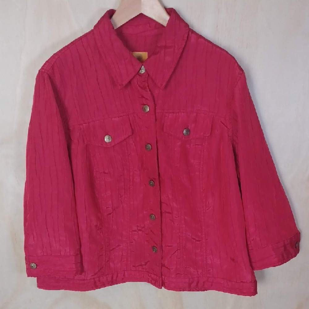 Ruby Rd. Red Crinkle Lightweight Jacket Button Front Collar Plus Size 20W